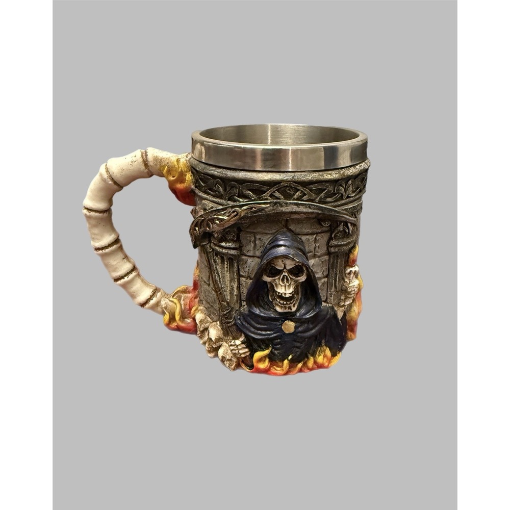 Stainless Steel & Resin 3D Grim Reaper Skull Mug Beer Tankard Goblet Metal Biker